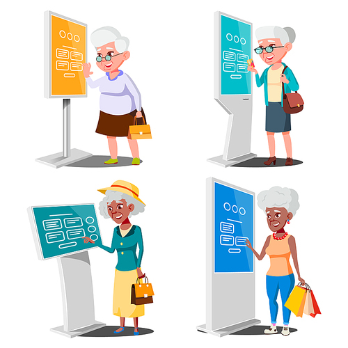 Old Woman Using ATM, Digital Terminal Vector. Set. LCD Digital Signage For Indoor Using. Interactive Informational Kiosk. Money Deposit, Withdrawal. Isolated Cartoon Illustration