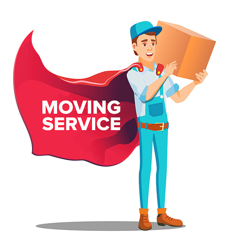 Character Workman Mover With Cardboard Box Vector. Smiling Happy Mover Young Man Boy In Uniform And Red Cloak Holding Carton Container. Moving Service For Relocation Flat Cartoon Illustration