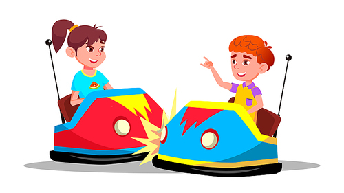 Characters Children Driving Bumper Car Vector. Happy Laughing Funny Boy And Girl On Bumper Auto Wheel Attraction At Amusement Park. Enjoyment Family Time Colorful Flat Cartoon Illustration