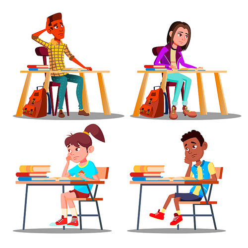 Characters Bored Pupils During Lesson Set Vector. Unhappy Bored Teenager Student Boy And Girl Tired Stressed Of Reading, Doing Homework. Dislike Education Flat Cartoon Illustration