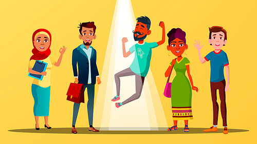 Multicultural Characters Happy For Vacancy Vector. Laughing Group Of International Young Man And Woman Got Vacancy Professional Job In Company. Bright Design Flat Cartoon Illustration