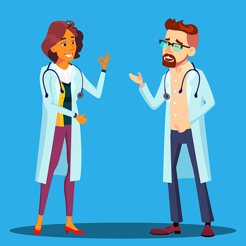 Character Cardiologist Doctor Man And Woman Vector. Male And Female Cardiologist Employees In Hospital Uniform Laughing Smiling Discussing Speaking. Medical Worker Flat Cartoon Illustration