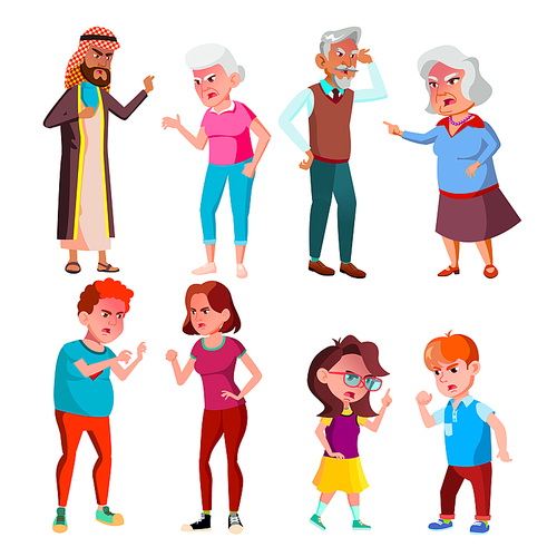 Annoyed Stressful Screaming Characters Set Vector. Angry Young Boy And Girl, Teenager And Children, Old Man Grandfather And Grandmother Annoyed Crying. Quarrel Concept Flat Cartoon Illustration