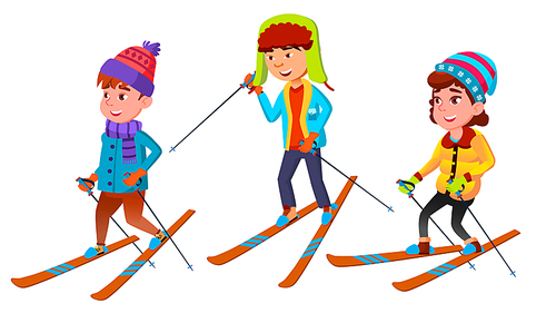 Group Of Character Standing Children Skier Vector. Design Smiling Happy Boy And Girl Skier With Equipment Rider Skiing. Winter Seasonal Vacation Active Extreme Sport Flat Cartoon Illustration