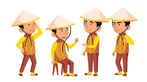 Group Of Character Vietnamese Children Vector. Little Boys In Traditional Clothing And Conical Hat Standing And Sitting, Sad And Smiling. Design Asian Kids Flat Cartoon Illustration