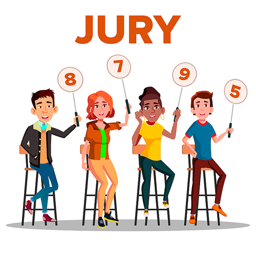 Characters Jury With Sign Boards Show Score Vector. Competition Jury Young Man And Woman Contest Judges Sitting On Chair With Scorecards. Judging People Committee Flat Cartoon Illustration