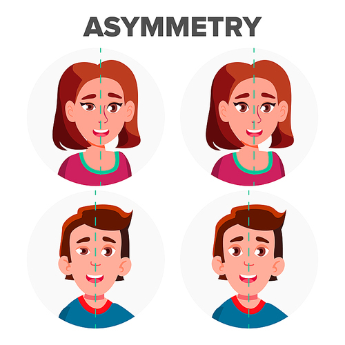 Eyes Asymmetry Of Character Man And Girl Vector. Young Boy Male And Woman Female Ptosis Eyelid Asymmetry. Before And After Operating Plastic Correction Surgery Flat Cartoon Illustration