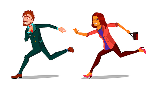 Rush Running Characters Young Man And Woman Vector. Happy Smiling Businessman Male And Female Person Hurry Running. People Hustling Late For Work Or Meeting Flat Cartoon Illustration