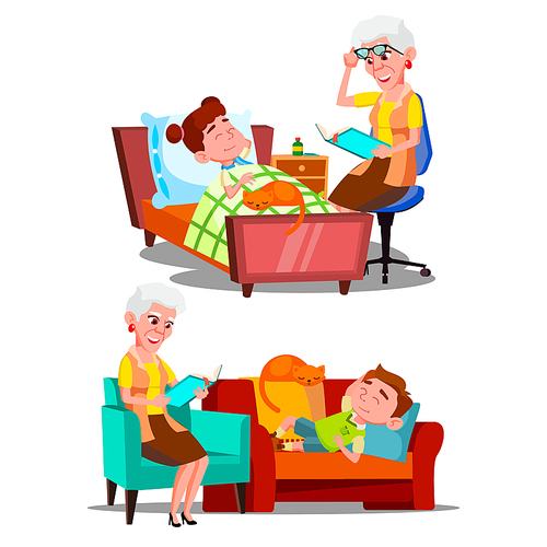 Grandmother Reading Nighttime Story Book Vector. Character Old Woman Reading Bedtime Fairy Tale For Grandson Little Boy And Girl. Children And Domestic Cat Sleeping Time Flat Cartoon Illustration