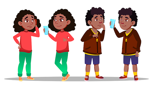 Thirst Character Teenager Boy And Girl Vector. Standing African Young Boy And Girl Thirst And Sad Before Drink And After Happy And Smiling. Glass Of Water And Children Flat Cartoon Illustration
