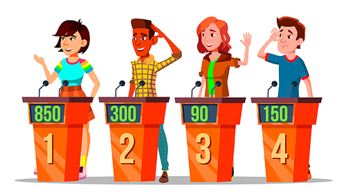 Character Participating In Tv Quiz Show Vector. Young Multicultural Man And Woman Standing Behind Podium With Microphone Playing In Quiz Game. Competition Flat Cartoon Illustration