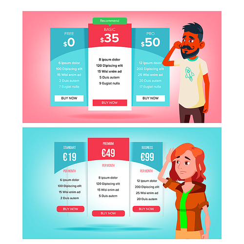 Bewildered Character Choose Subscription Vector. Sad Young Man And Woman Standing Near Bright Pricing Panels And Select Subscription. Different Types Of Payment Flat Cartoon Illustration