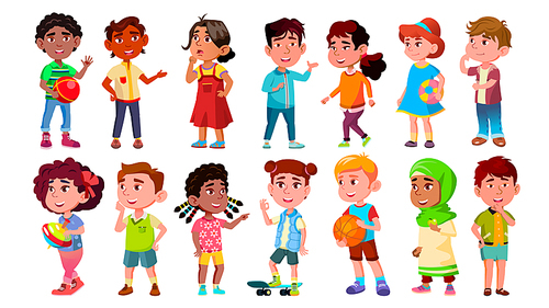 Multicultural Characters Children Kids Set Vector. Design Collection Of International Asian, African, European Smiling Children Little Boy And Girl. Childhood Flat Cartoon Illustration