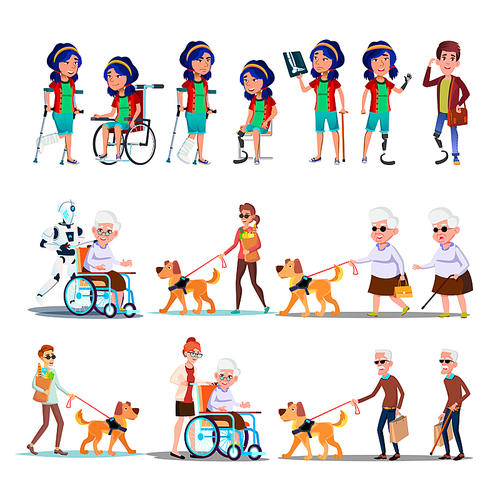 Different Character Person Invalid Set Vector. Collection Of Invalid Woman With Broken Leg And Man Amputated Foot, Blind Grandfather With Dog And Grandmother In Wheel Chair Flat Cartoon Illustration