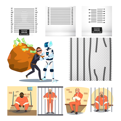 Arrested Character Criminal And Prison Set Vector. Measure Wall For Photo Arrested People In Police Department, Robot Cop Stopped Malefactor And Broken Cell. Flat Cartoon Illustration