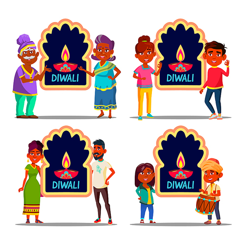 Indian Character Celebrating Diwali Set Vector. Old Grandmother And Grandfather, Young Man And Woman, Teenager Boy And Girl And Children Standing Near Poster Diwali Holiday. Flat Cartoon Illustration
