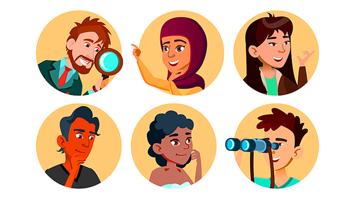 Curious Happy Multicultural Character Set Vector. Collection Of Smiling International Young Curious Man And Woman Portait Avatar With Binoculars And Magnifier. Flat Cartoon Illustration