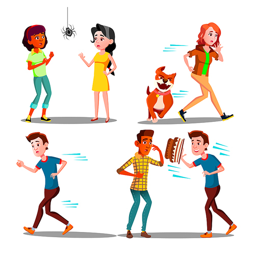 Color Design Afraid Character People Set Vector. Young Woman Afraid Spider And Running Away From Dog, Man Scaring Cake Flying In Face On Birthday. Frightened Flat Cartoon Illustration