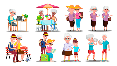 Happy Older Character Grandparents Set Vector. Collection Of Older Person. Man And Woman Play Volleyball And Travel, Sitting On Bench And Cafe, Working On Laptop And Walk. Flat Cartoon Illustration