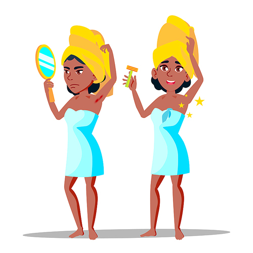 Character Young Woman With Hairy Armpit Vector. Standing African Girl With Mirror Sad Before Depilation Hairy Part Of Body And After Happy And Smiling. Hygiene Concept Flat Cartoon Illustration