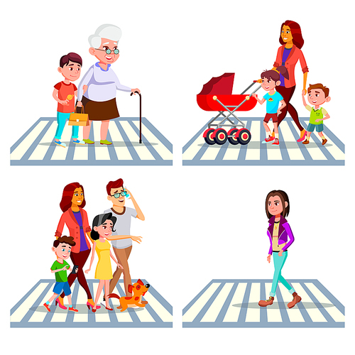 Character Pedestrian Crossing Road Set Vector. Little Boy Help Grandmother Intersect Street, Family, Young Girl And Mother With Children Pedestrian Passing Road. Flat Cartoon Illustration