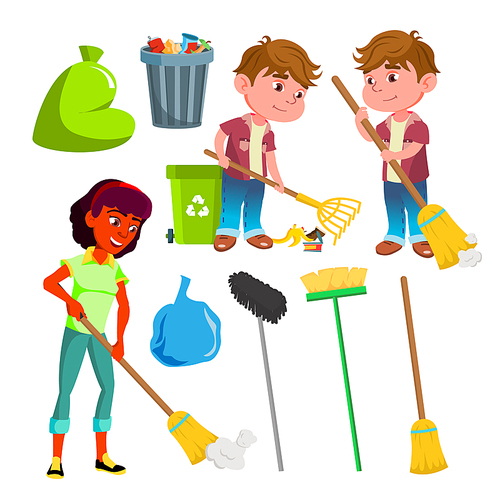 Character People Sweep And Equipment Set Vector. Smiling Little Boy And Young Woman Sweep Floor, Collection Of Broom, Container And Package For Trash. Cleaner Flat Cartoon Illustration