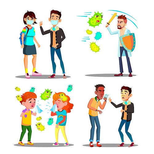 Season Allergy Microbe Attack Character Set Vector. Teenager With Protection Mask, Children And Man With Shield And Sword Fighting With Allergy Germ And Ill Boy Sneezes. Flat Cartoon Illustration