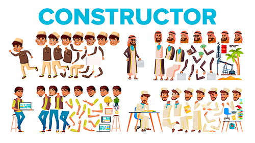 Character Male Constructor Body Detail Set Vector. Collection Of Angry And Happy Young Man, Little Boy And Arab Person Element Constructor. Head With Hat, Leg And Hand. Flat Cartoon Illustration