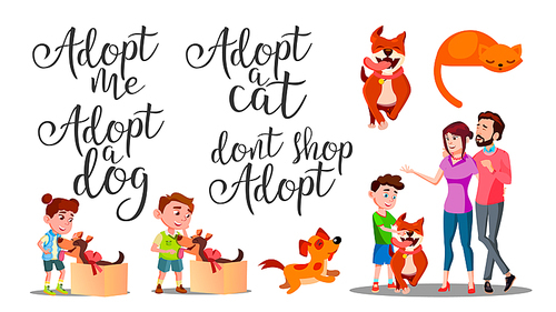 Modern Calligraphy Word Adopt Creative Vector. Stylish Typography Inscription With Different Handwritten Adopt Cat Dog Shop Decorated Cartoon With Character Family And Animal. Text Flat Illustration