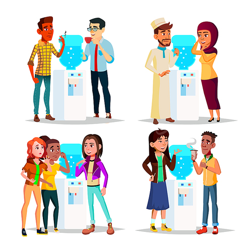 Character Water Cooler Talking Gossip Set Vector. Young Business Man And Woman Employee Colleague Gossip And Drinking Water Or Hot Drink. Office Time Collection Flat Cartoon Illustration