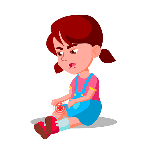 Crying Character Little Girl Bump Knee Vector. Child Female Sitting On Floor And Blubbering Bruised Suffering From Pain In Knee. Illness And Healthcare Massage Flat Cartoon Illustration