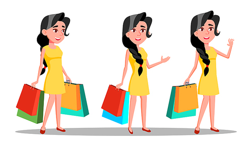 Character Young Woman Shopaholic With Bag Vector. Beautiful Smiling Glamor Girl Enjoyment Shopogolic. Happy Fashion Pretty Brunette Customer With Purchases Flat Cartoon Illustration