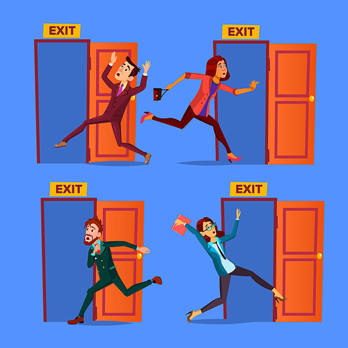 Character Evacuation To Open Door Exit Set Vector. Collection Of Evacuation Businessman And Young Woman Panic Running Out Of Building. Alarm Signalization Flat Cartoon Illustration
