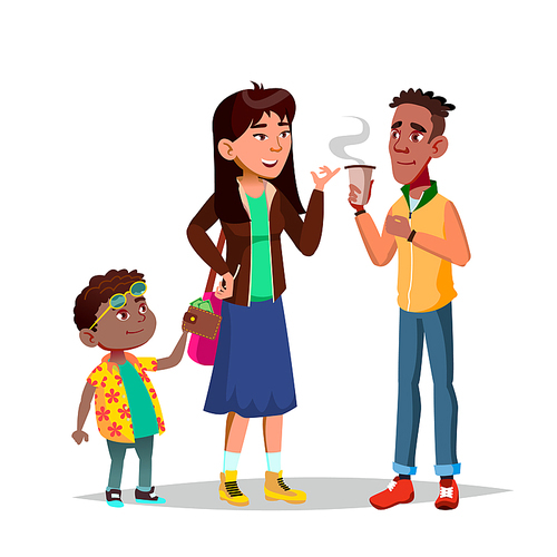 Character Little Boy Stealing Woman Money Vector. Thief Child Stealing Wallet From Young Girl Bag. Man Drinking Hot Drink Coffee And Talking Discussing With Female. Flat Cartoon Illustration