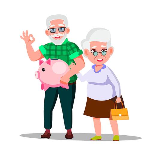 Character Man And Woman With Pension Saving Vector. Happy Smiling Old Grandfather And Grandmother Holding Piggy Bank With Pension Money Coin. Grandparents Economy Flat Cartoon Illustration