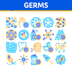 Collection Bacteria Germs Vector Sign Icons Set. Unhealthy Tooth And Dirty Hands, Sternutation Character And Illness People With Germs Linear Pictograms. Microbe Types Color Contour Illustrations