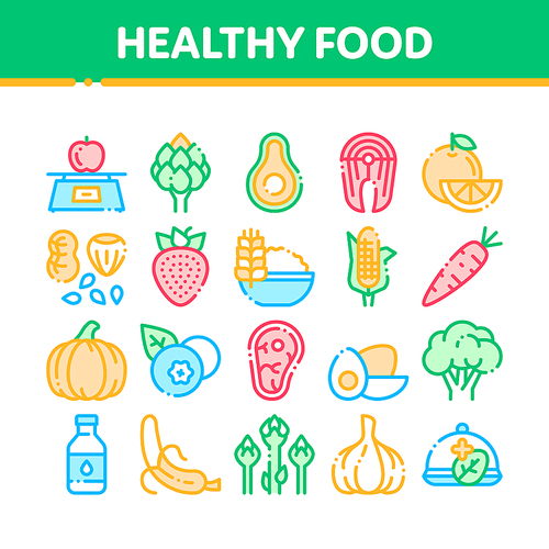 Collection Healthy Food Vector Thin Line Icons Set. Vegetable, Fruit And Meat Healthy Food Linear Pictograms. Strawberry And Orange, Blueberry And Pumpkin, Eggs And Fish Color Contour Illustrations