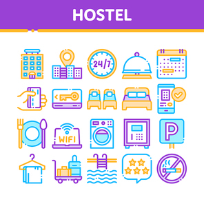 Collection Hostel Elements Vector Sign Icons Set. Building Hostel And Location, Calendar And Parking Symbol, Bed And Laundry Machine Linear Pictograms. Wifi Internet Color Contour Illustrations