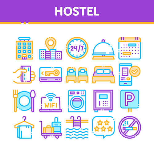 Collection Hostel Elements Vector Sign Icons Set. Building Hostel And Location, Calendar And Parking Symbol, Bed And Laundry Machine Linear Pictograms. Wifi Internet Color Contour Illustrations