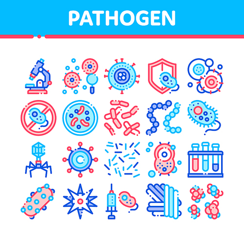 Collection Pathogen Elements Vector Sign Icons Set. Pathogen Bacteria Microorganism, Microbes And Germs Linear Pictograms. Analysis In Flask, Microscope And Injection Color Contour Illustrations