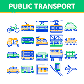Collection Public Transport Vector Line Icons Set. Trolleybus And Bus, Tramway And Train, Cable Way And Monorail Transport Linear Pictograms. Car And Taxi, Plane And Ship Color Contour Illustrations
