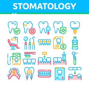 Stomatology Collection Vector Thin Line Icons Set. Stomatology Dentist Equipment And Chair, Healthy And Unhealthy Tooth Linear Pictograms. Jaw Denture, Injection Anesthesia Color Contour Illustrations