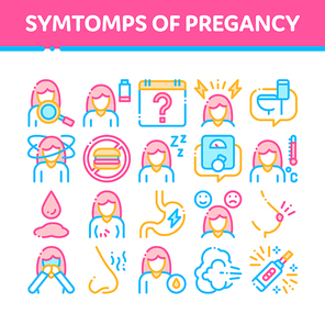 Symptomps Of Pregancy Element Vector Icons Set. Fatigue And Nausea, Food Aversion And Frequent Urination, Constipation And Faintness Symptomps Of Pregancy Pictograms. Color Contour Illustrations