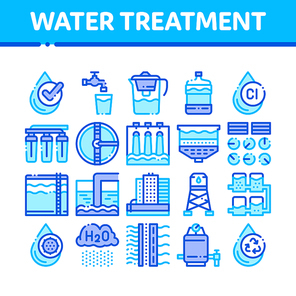 Water Treatment Items Vector Thin Line Icons Set. Filter And Cleaning System Water Treatment Elements From Microbe Germs Linear Pictograms. Rain Cloud And Pump Station Color Contour Illustrations