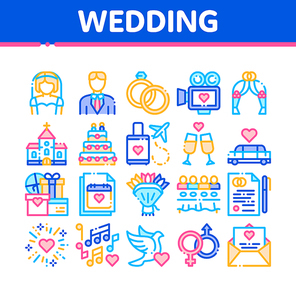 Collection Wedding Vector Thin Line Icons Set. Characters Bride And Groom, Rings And Limousine Wedding Elements Linear Pictograms. Church And Arch, Fireworks And Dancing Color Contour Illustrations