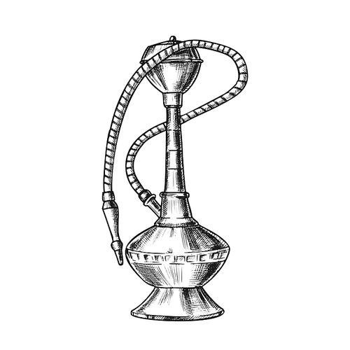 Smoking Hookah Lounge Cafe Tool Hand Drawn Vector. For Hookah Manufacturers Increasingly Use Stainless Steel And Aluminium. Relaxation Accessory Monochrome Designed In Retro Style Illustration