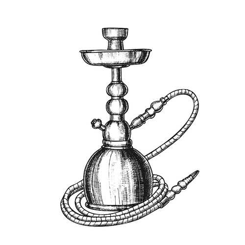 Hookah Lounge Cafe Relax Equipment Retro Vector. Standing Single Stemmed Hookah For Vaporizing And Smoking Flavored Cannabis, Tobacco Or Opium. Monochrome Designed In Retro Style Illustration