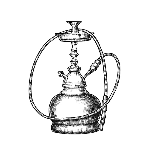 Hookah Lounge Cafe Relax Equipment Retro Vector. Standing Eastern Tradition Smoking Ceramic Hookah. Oriental Relaxation Aroma Tobacco Accessory Monochrome Designed In Vintage Style Illustration