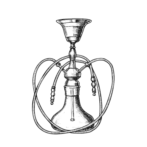 Hookah Lounge Bar Relax Equipment Retro Vector. Standing Arabian Traditional Smoking Cultural Glass Hookah With Two Tubes. Oriental Relaxation Aroma Tobacco Tool Monochrome Hand Drawn Illustration