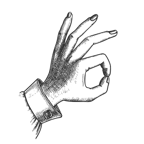 Female Hand Gesture Ok Agree Approval Sign Vector. Woman Arm Finger Gesture Showing Success Solution. Girl Wrist Gesturing Successful Signal Black And White Designed Retro Style Closeup Illustration